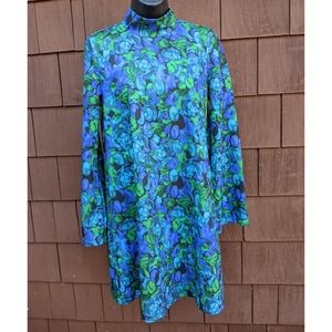 Zara retro mock neck long bell sleeve blue teal green mini tent dress medium